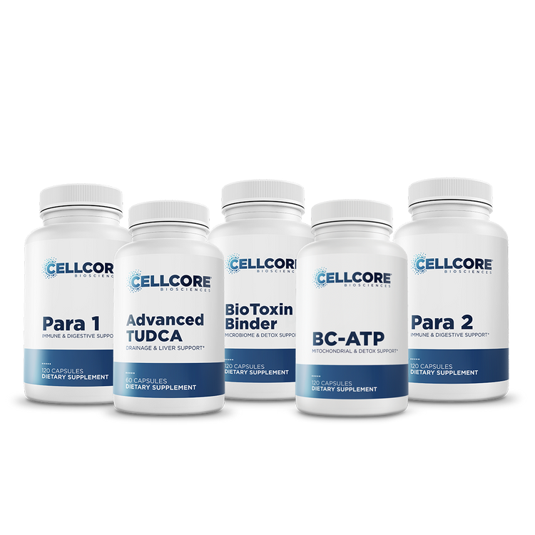 CellCore Biosciences Phase 2 Gut & Immune Support kit with five white capsule bottles arranged in a row