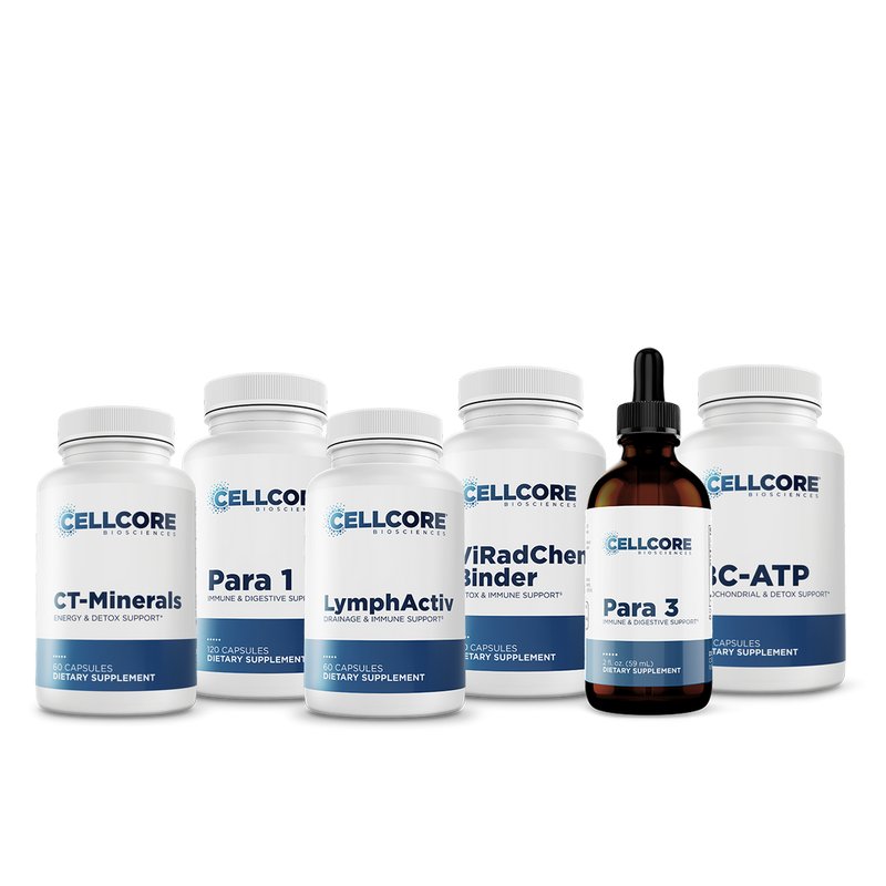 CellCore Biosciences Phase 3 Whole Body Immune Support kit with five white capsule bottles and one brown liquid dropper bottle