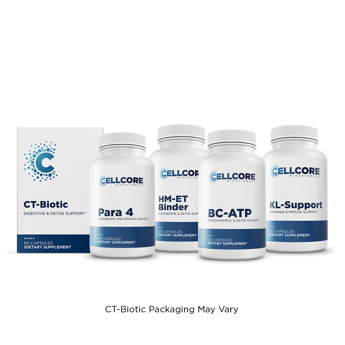 CellCore Biosciences Phase 4A Systemic Detox kit with CT-Biotic box and four white capsule bottles arranged front-facing