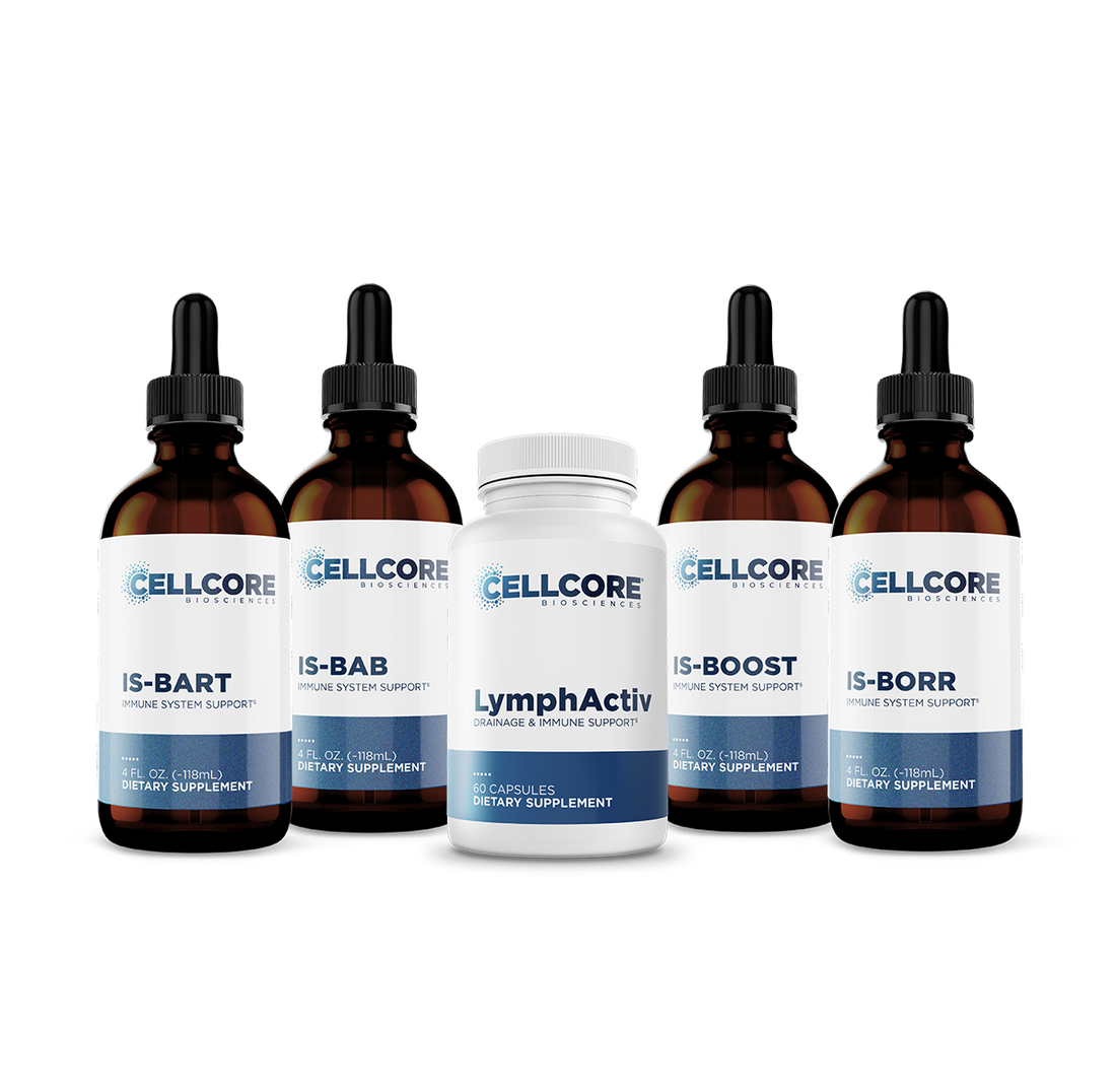 CellCore Biosciences Phase 5 Deeper Immune Support kit with LymphActiv capsules and four 4 oz liquid immune support bottles