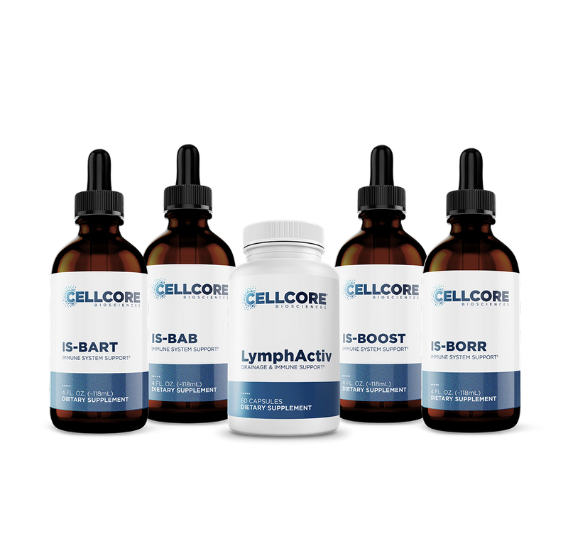 CellCore Biosciences Phase 5 Deeper Immune Support kit with LymphActiv capsules and four 4 oz liquid immune support bottles