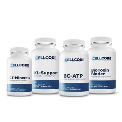 CellCore Biosciences Phase 1: Energy and Drainage kit with four white capsule bottles labeled CT-Minerals, KL-Support, BC-ATP, and BioToxin Binder