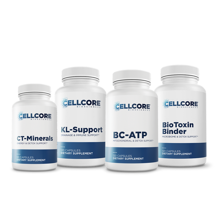 CellCore Biosciences Phase 1: Energy and Drainage kit with four white capsule bottles labeled CT-Minerals, KL-Support, BC-ATP, and BioToxin Binder