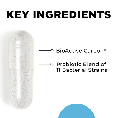 CellCore CT-Biotic capsule highlighting key ingredients: BioActive Carbon and probiotic blend of 11 bacterial strains