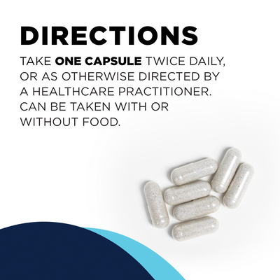 CellCore Biosciences CT-Biotic capsules with dosage directions text and a small pile of beige capsules on white background