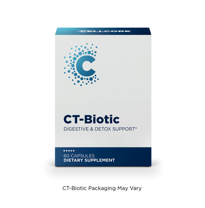 CellCore Biosciences CT-Biotic 60 capsules box front, white and navy design with blue “C” logo and digestive support text