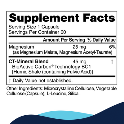 CellCore Biosciences CT-Minerals 60 Capsules supplement facts label highlighting magnesium and CT-Mineral Blend ingredients