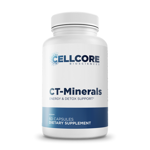 CellCore Biosciences CT-Minerals 60 capsules bottle front, white container with blue label for energy and detox support