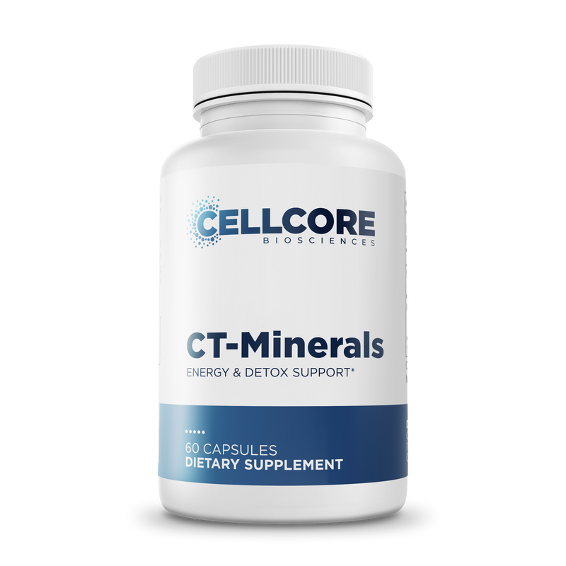 CellCore Biosciences CT-Minerals 60 capsules bottle front, white container with blue label for energy and detox support