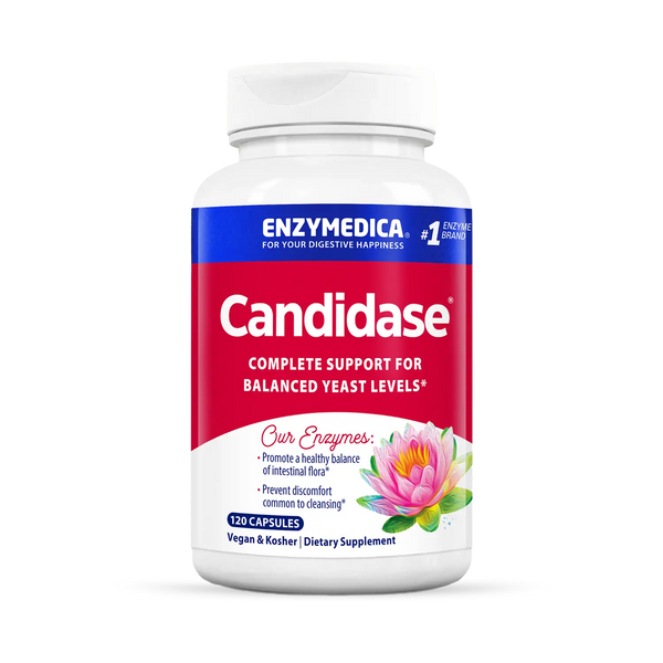 Enzymedica Candidase 120 Capsules bottle front with red, blue and white label and lotus flower graphic.