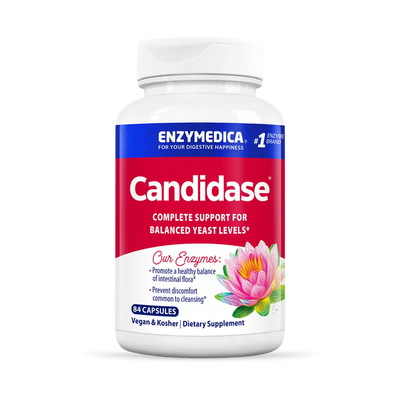 Enzymedica Candidase 84 Capsules bottle front, red and white label with lotus flower design and yeast support text