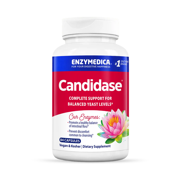 Enzymedica Candidase 84 Capsules bottle front, red and white label with lotus flower design and yeast support text