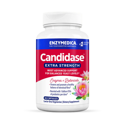 Enzymedica Candidase Extra Strength 42 capsules bottle front with red, blue and white label and floral design