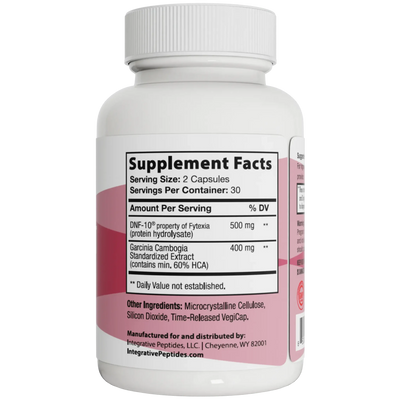 Integrative Peptides Can’t Weight 60 capsules bottle showing Supplement Facts panel with DNF-10 and garcinia cambogia ingredients