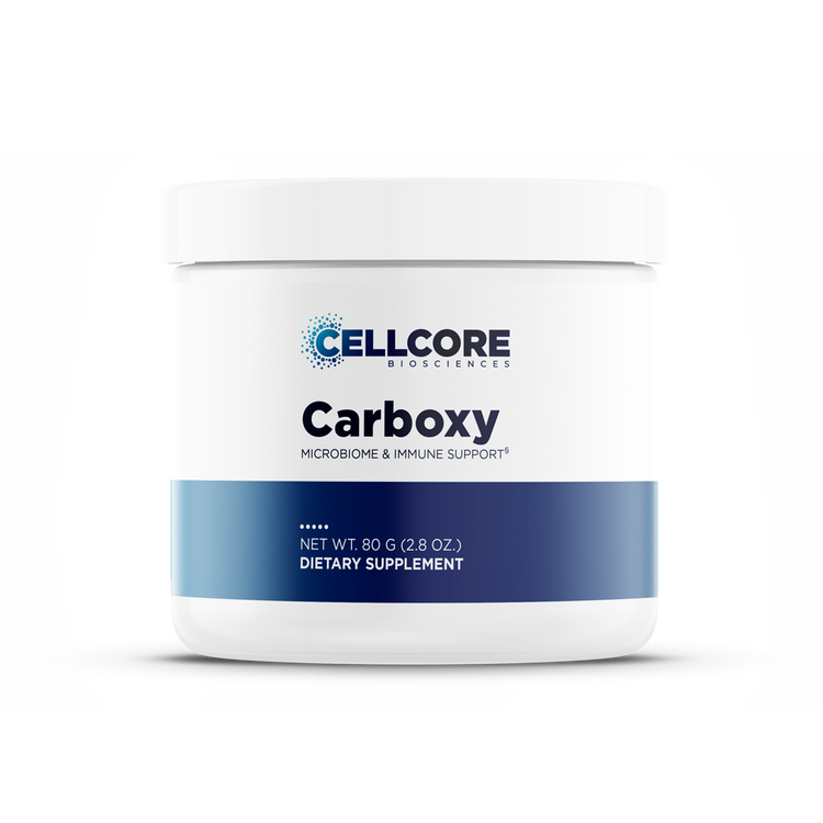 CellCore Biosciences Carboxy 2.8 oz white tub with blue label, microbiome and immune support dietary supplement