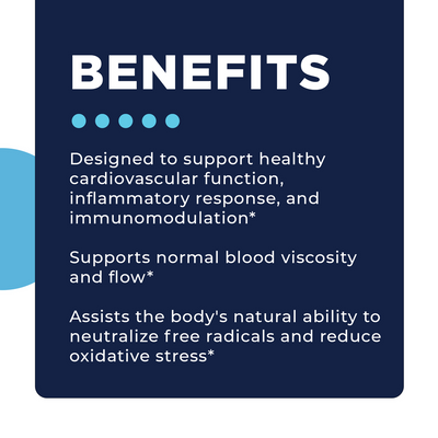 CellCore Biosciences CardioImmune benefits graphic listing cardiovascular, blood flow, and antioxidant support claims