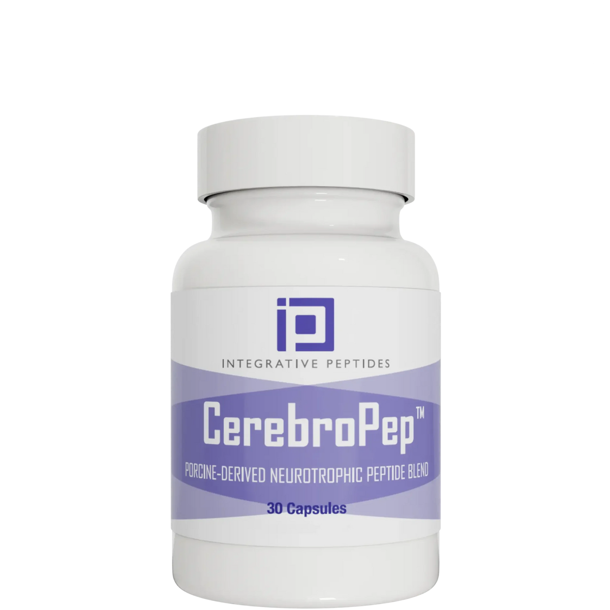 Integrative Peptides CerebroPep 30 Capsules bottle front with white plastic container and purple label design