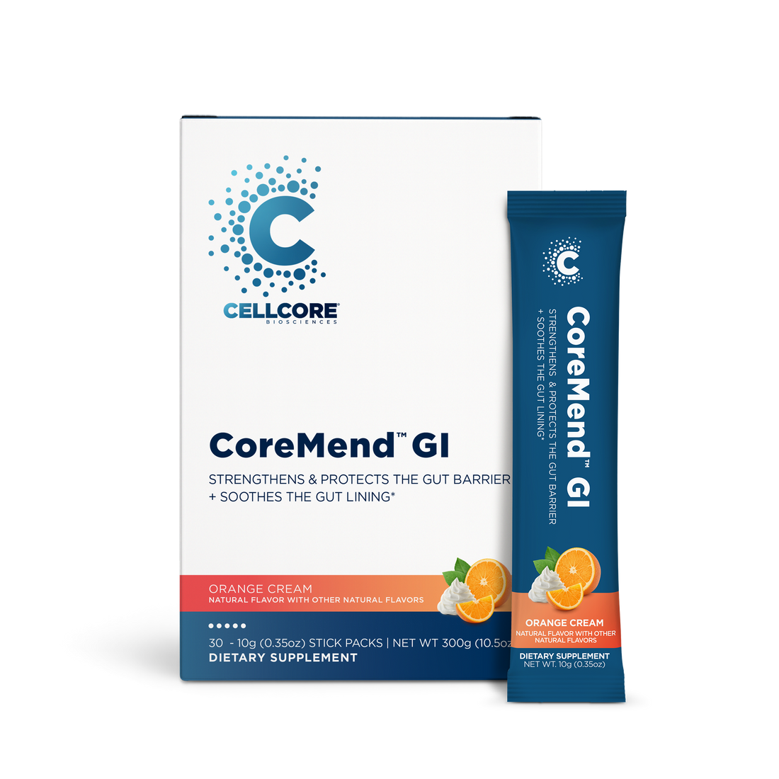 CellCore Biosciences CoreMend GI 30 stick packs box and single stick, orange cream flavor, front packaging view