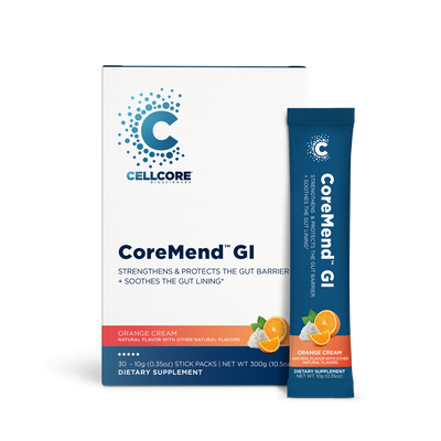 CellCore Biosciences CoreMend GI 30 stick packs box and single stick, orange cream flavor, front packaging view