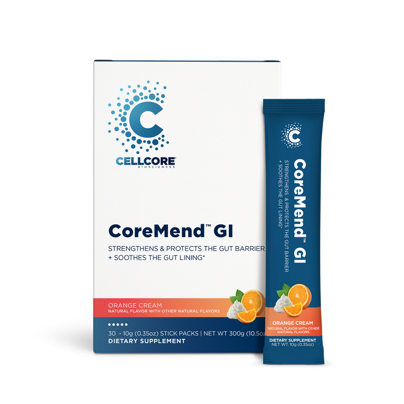 CellCore Biosciences CoreMend GI 30 stick packs box and single stick, orange cream flavor, front packaging view