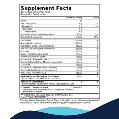 CellCore Biosciences CoreMend GI 30 Stick Packs supplement facts label detailing ingredients and probiotic blend