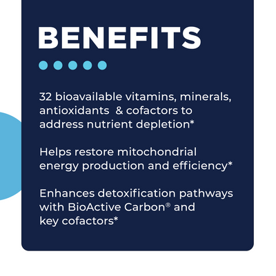 CellCore Biosciences Core Nutrients benefits graphic listing vitamins, minerals, energy and detox support claims