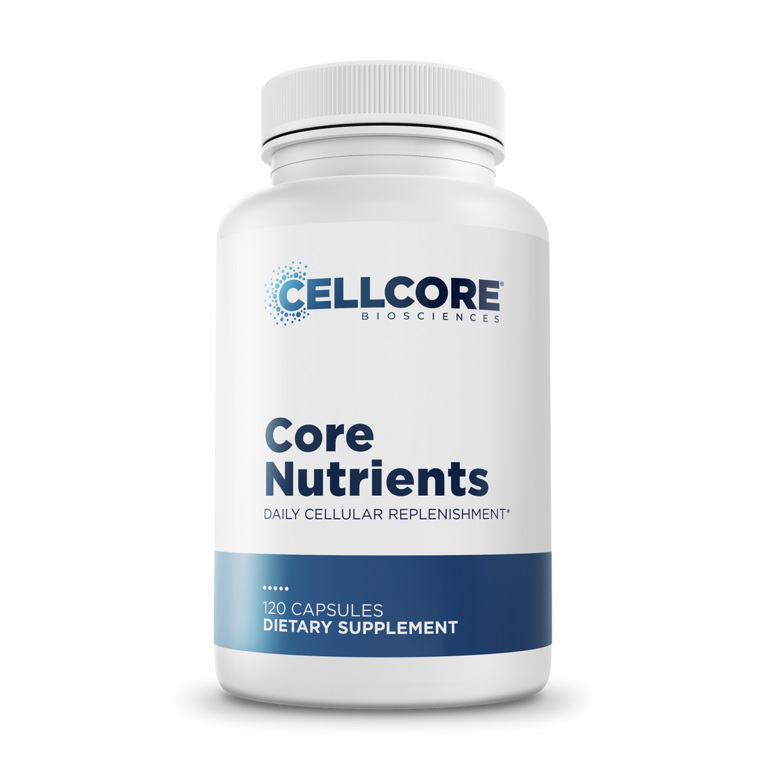 CellCore Biosciences Core Nutrients 120 Capsules bottle, white with blue label, front-facing dietary supplement packaging