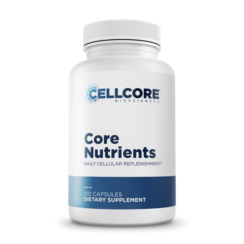 CellCore Biosciences Core Nutrients 120 Capsules bottle, white with blue label, front-facing dietary supplement packaging