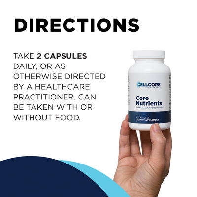 CellCore Biosciences Core Nutrients 60-capsule bottle held in hand with dosage directions text on white background