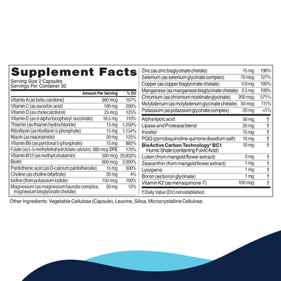 CellCore Biosciences Core Nutrients 60 Capsules supplement facts label listing vitamins, minerals, and BioActive Carbon ingredients