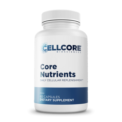 CellCore Biosciences Core Nutrients 60 capsules bottle front, white container with blue label and text
