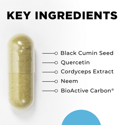 CellCore Biosciences CytoImmune capsule with key ingredients listed: black cumin seed, quercetin, cordyceps, neem, BioActive Carbon