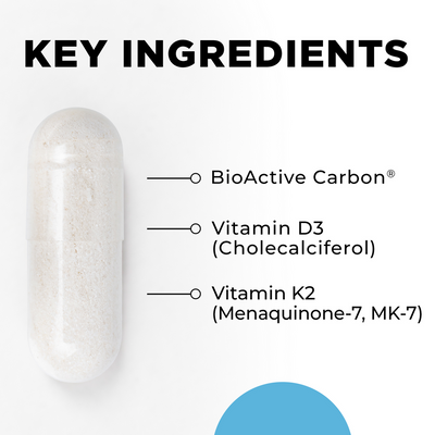 CellCore D3+K2 Pro capsule with key ingredients listed: BioActive Carbon, Vitamin D3, and Vitamin K2 MK-7