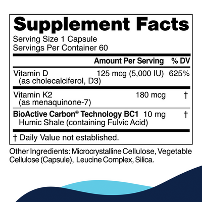 CellCore Biosciences D3+K2 Pro 60 capsules supplement facts showing vitamin D3, vitamin K2, and BioActive Carbon BC1 amounts
