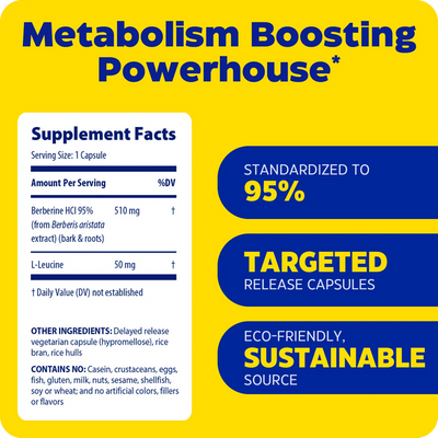 Enzymedica Berberine 60 Capsules supplement facts panel highlighting 510 mg berberine, 50 mg L-leucine and key formula claims