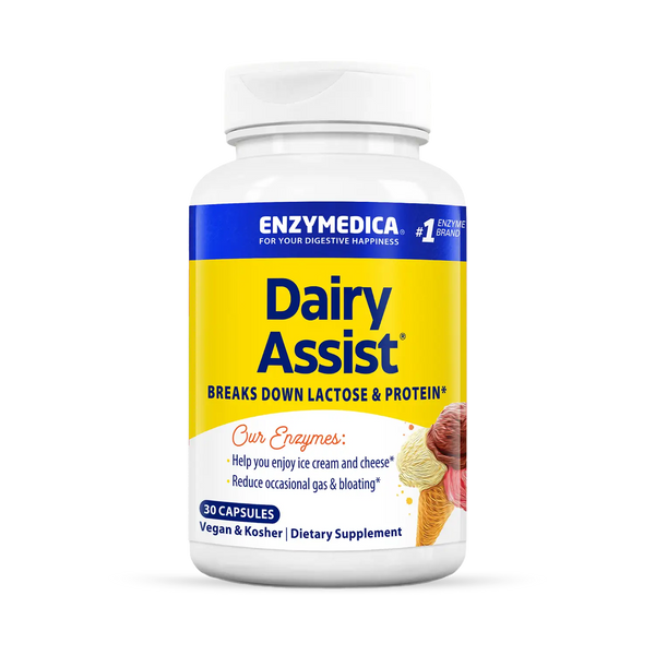 Enzymedica DairyAssist 30 capsules bottle front, yellow and white label highlighting lactose and protein digestion support.