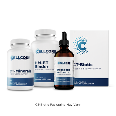 CellCore Biosciences Detox Support Kit front view with CT-Minerals, HM-ET Binder, Metabolic Activator and CT-Biotic packaging