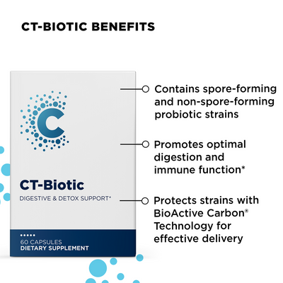 CellCore Biosciences CT-Biotic Digestive & Detox Support box showing key probiotic benefits and 60 capsules dietary supplement label
