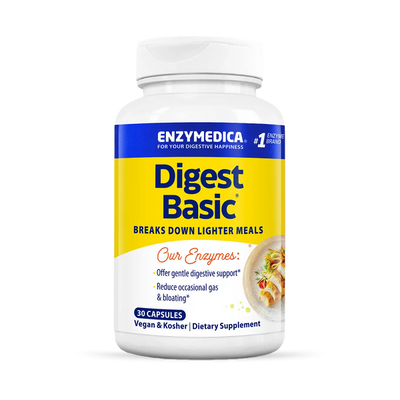 Enzymedica Digest Basic 30 Capsules bottle front with blue and yellow label for digestive enzyme supplement