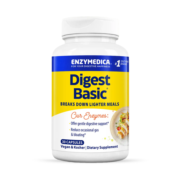 Enzymedica Digest Basic 30 Capsules bottle front with blue and yellow label for digestive enzyme supplement
