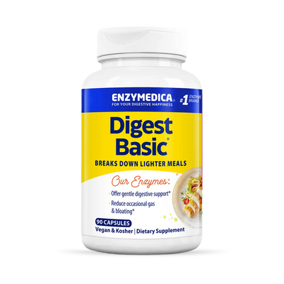 Enzymedica Digest Basic 90 Capsules bottle front, yellow and white label with digestive support claims and salad image