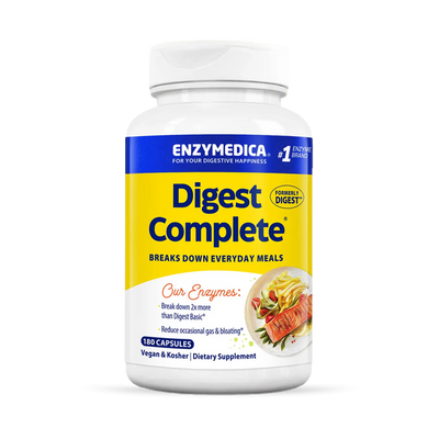 Enzymedica Digest Complete 180 Capsules bottle front with blue and yellow label and digestive health claims displayed