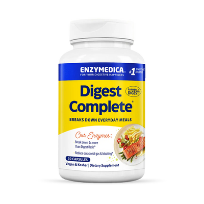 Enzymedica Digest Complete 30 Capsules bottle front with blue and yellow label for digestive health supplement