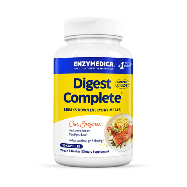 Enzymedica Digest Complete 30 Capsules bottle front with blue and yellow label for digestive health supplement