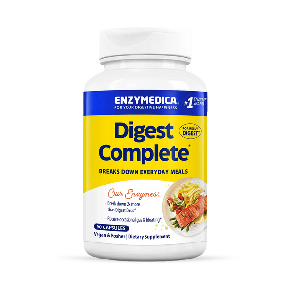Enzymedica Digest Complete 90 Capsules bottle front with blue and yellow label and digestive health claims