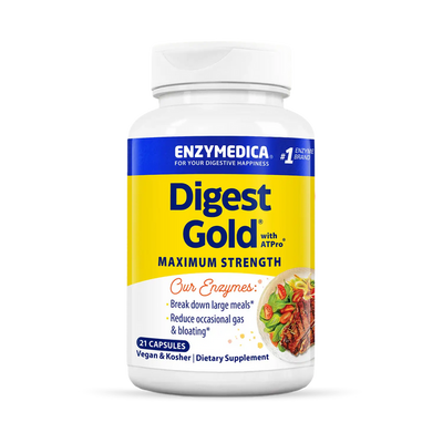 Enzymedica Digest Gold Maximum Strength 21 Capsules bottle front with yellow and blue label and digestive support text