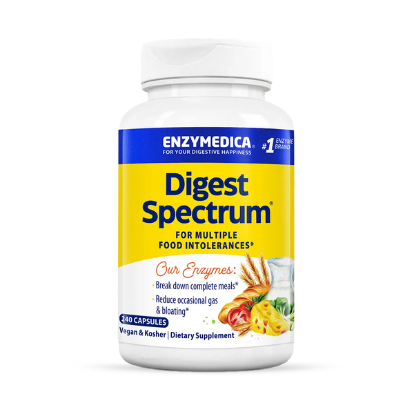 Enzymedica Digest Spectrum 120 Capsules bottle front with yellow and blue label for multiple food intolerances.