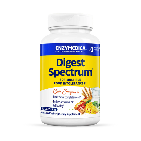 Enzymedica Digest Spectrum 30 Capsules bottle front, yellow and blue label with digestive enzyme benefit claims and food images