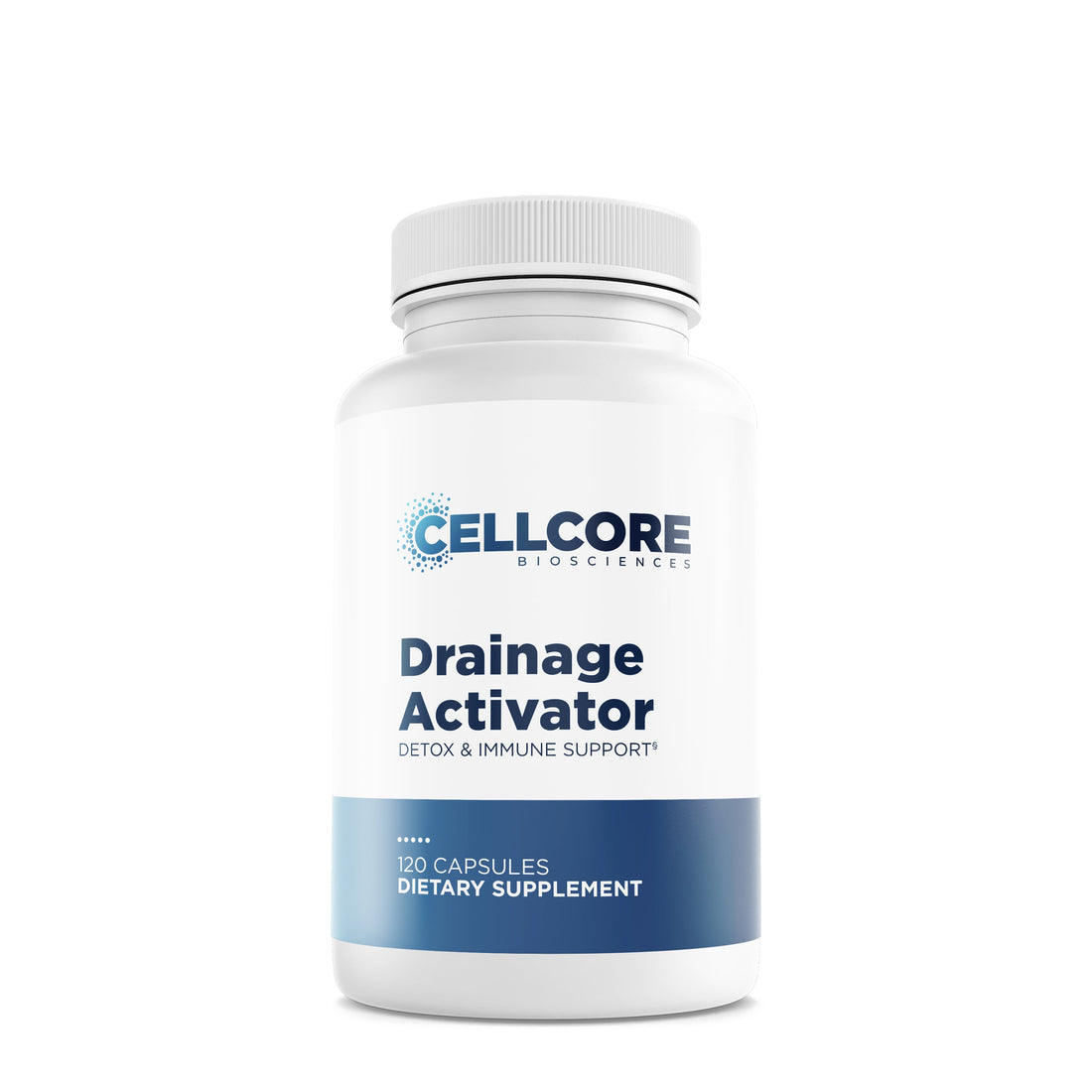CellCore Biosciences Drainage Activator 120 capsules bottle, white with blue label for detox and immune support