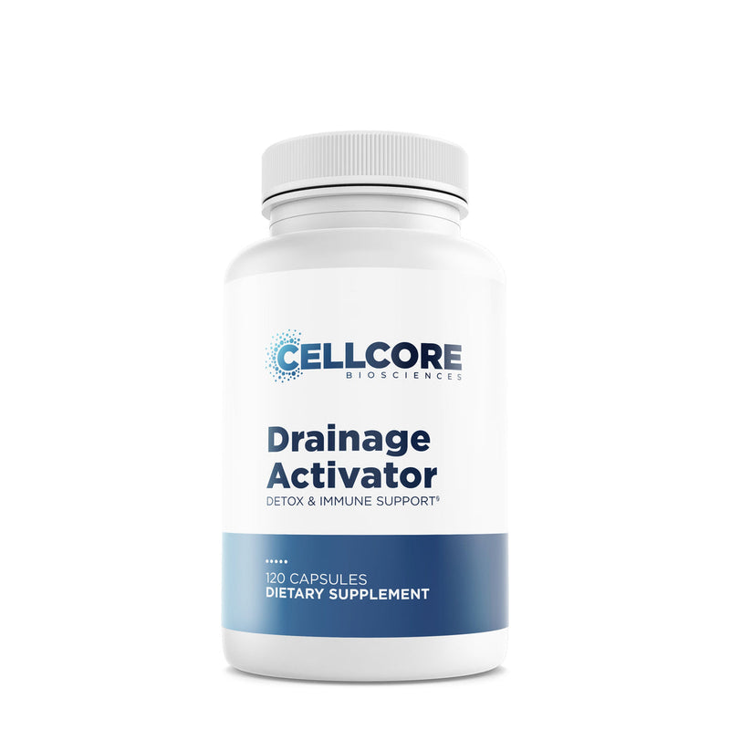 CellCore Biosciences Drainage Activator 120 capsules bottle, white with blue label for detox and immune support
